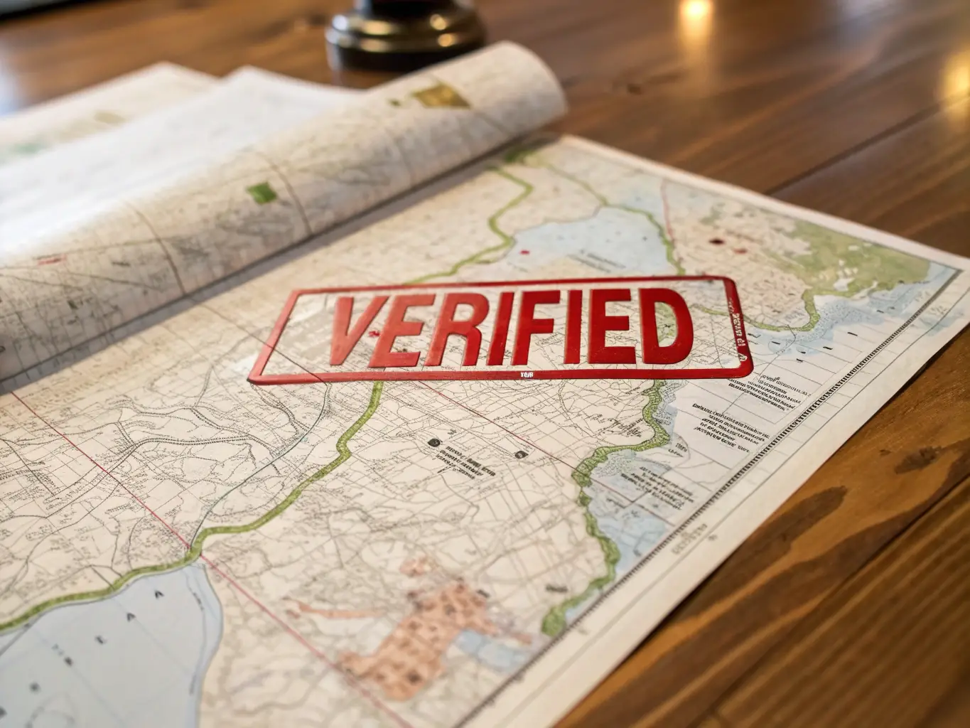 A professional photograph showcasing a detailed land survey map with a prominent 'Verified' stamp, symbolizing the platform's commitment to accurate and trustworthy land listings.