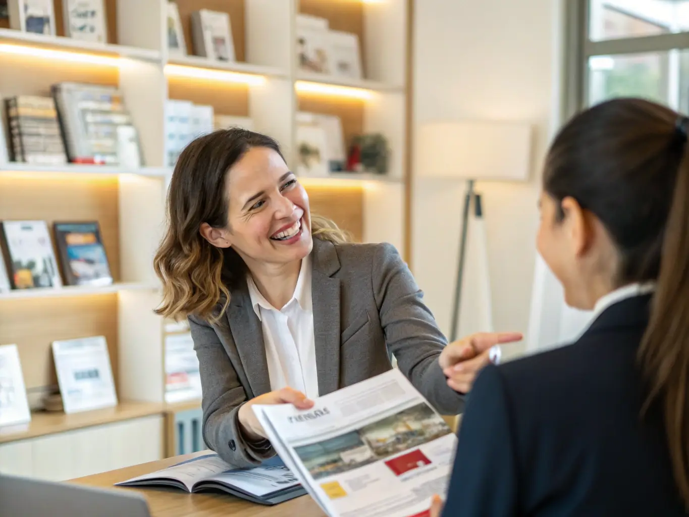 A friendly land agent is shown consulting with clients over land maps and documents, emphasizing the platform's commitment to providing local support and expert advice.